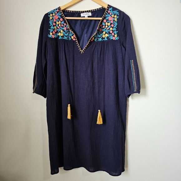 EUC THML BLUE COTTON EMBROIDERED BOHO SHORT DRESS SIZE SMALL - Picture 1 of 16